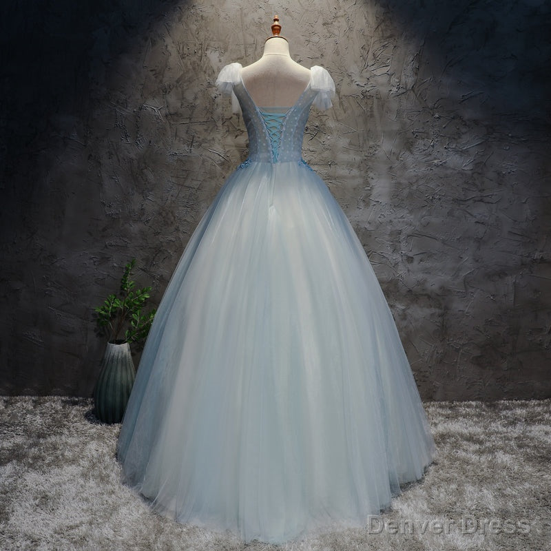 Light Blue Tulle Long Prom Dress Prom Dress, Blue Tulle Prom Dresses with Flowers