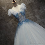 Light Blue Tulle Long Prom Dress Prom Dress, Blue Tulle Prom Dresses with Flowers
