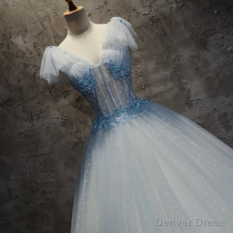 Light Blue Tulle Long Prom Dress Prom Dress, Blue Tulle Prom Dresses with Flowers