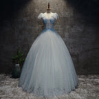 Light Blue Tulle Long Prom Dress Prom Dress, Blue Tulle Prom Dresses with Flowers