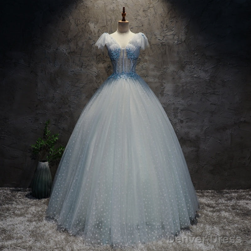 Light Blue Tulle Long Prom Dress Prom Dress, Blue Tulle Prom Dresses with Flowers