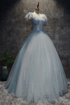 Light Blue Tulle Long Prom Dress Prom Dress, Blue Tulle Prom Dresses with Flowers