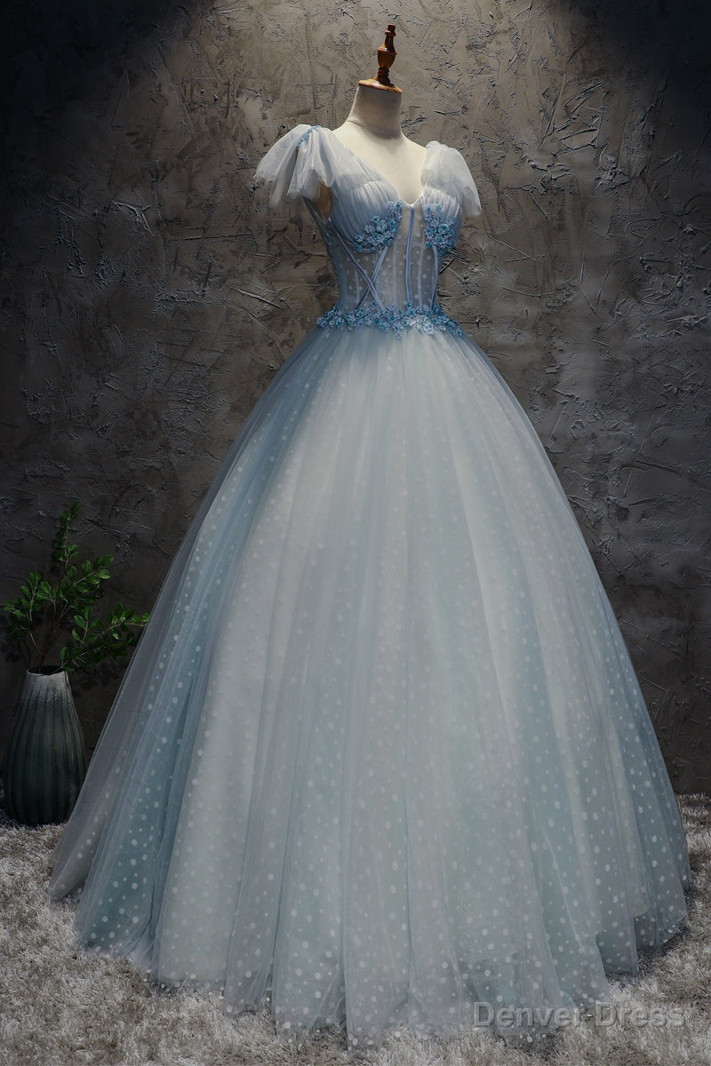 Light Blue Tulle Long Prom Dress Prom Dress, Blue Tulle Prom Dresses with Flowers