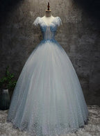 Light Blue Tulle Long Prom Dress Prom Dress, Blue Tulle Prom Dresses with Flowers