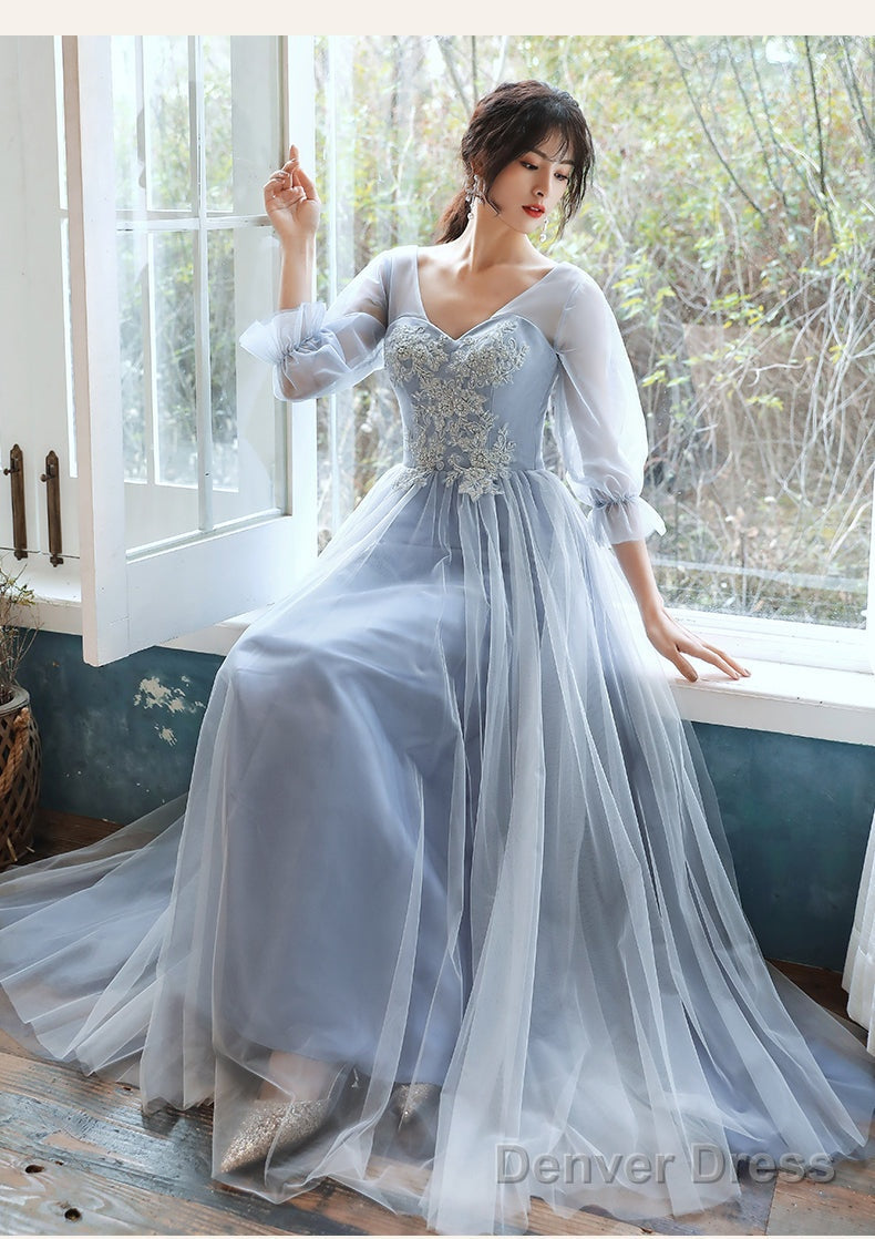 Light Blue Tulle Long Party Dress With Puffy Sleeves, Blue Evening Dress Prom Dress Secondary image