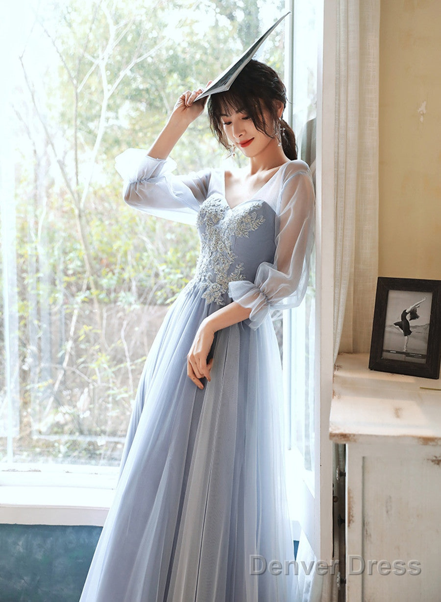 Light Blue Tulle Long Party Dress With Puffy Sleeves, Blue Evening Dress Prom Dress Main image