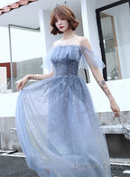 Light Blue Tulle Off Shoulder Long Formal Dress, Blue Evening Party Dress