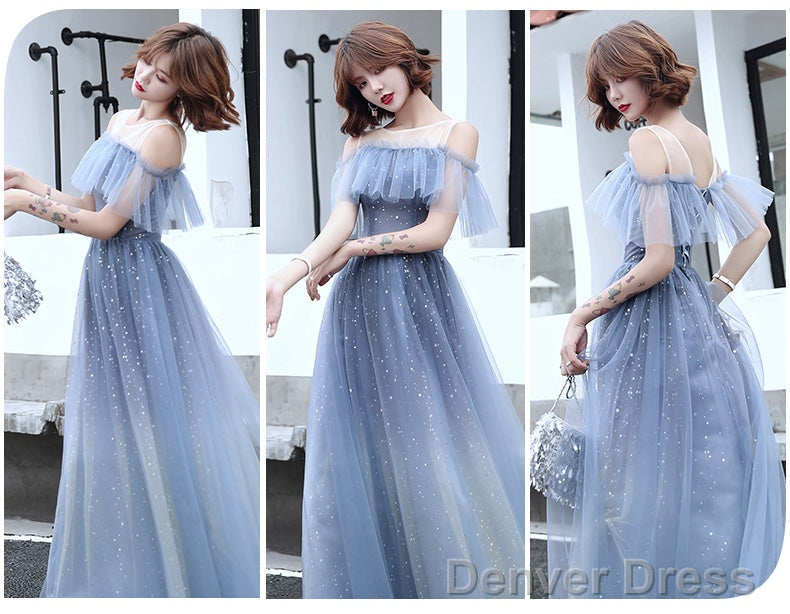 Light Blue Tulle Off Shoulder Long Formal Dress, Blue Evening Party Dress