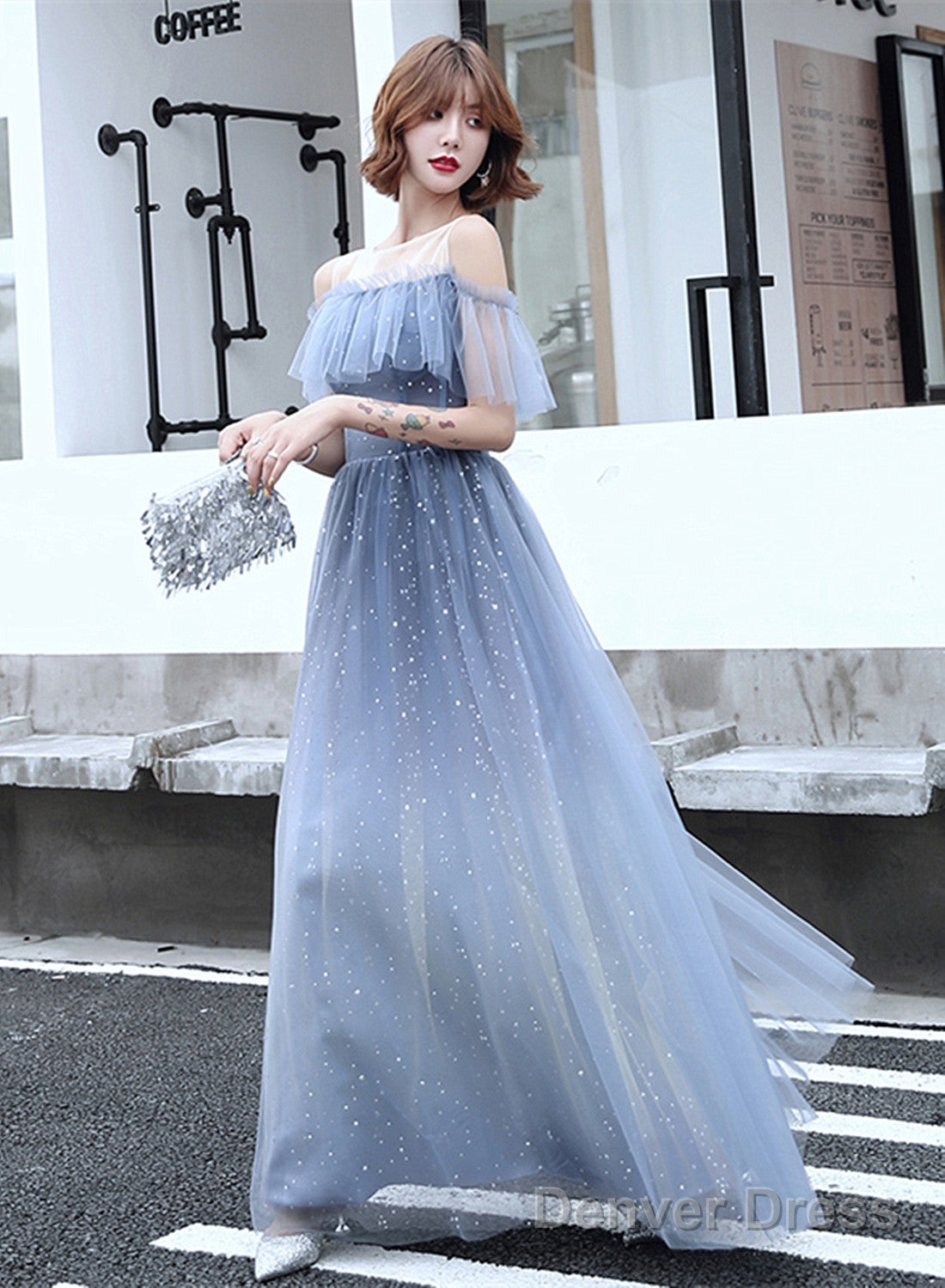 Light Blue Tulle Off Shoulder Long Formal Dress, Blue Evening Party Dress