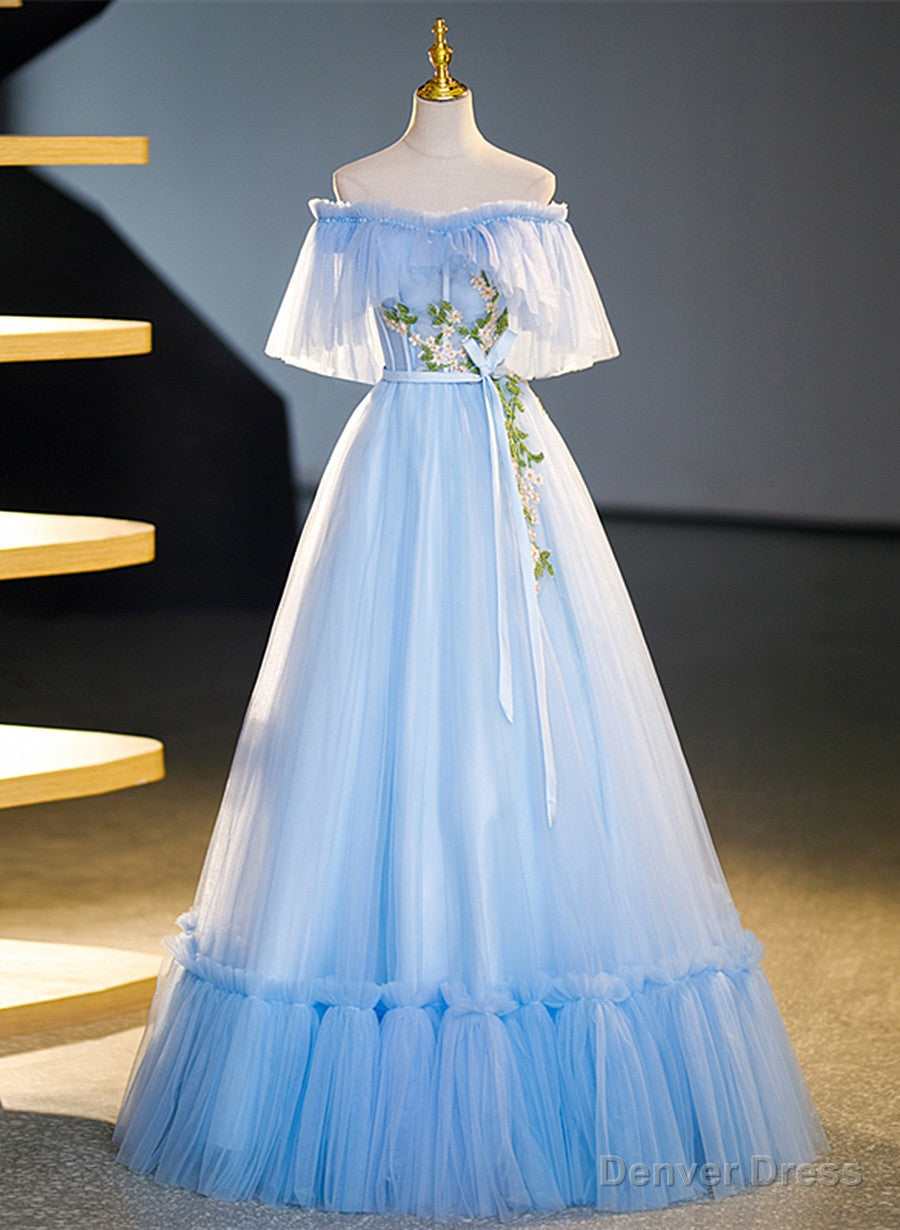 Light Blue Tulle Off Shoulder with Lace Applique Prom Dress, Blue Long Party Dress Main image