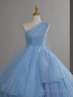 Light Blue Tulle One Shoulder Ball Gowns Prom Dress, Light Blue Prom Dresses