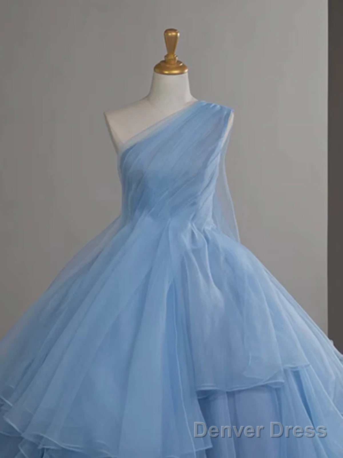 Light Blue Tulle One Shoulder Ball Gowns Prom Dress, Light Blue Prom Dresses