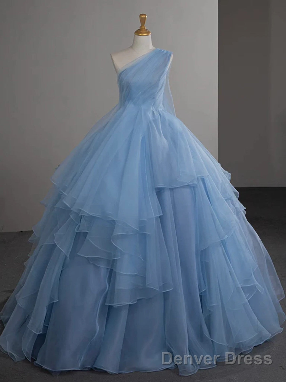 Light Blue Tulle One Shoulder Ball Gowns Prom Dress, Light Blue Prom Dresses Main image