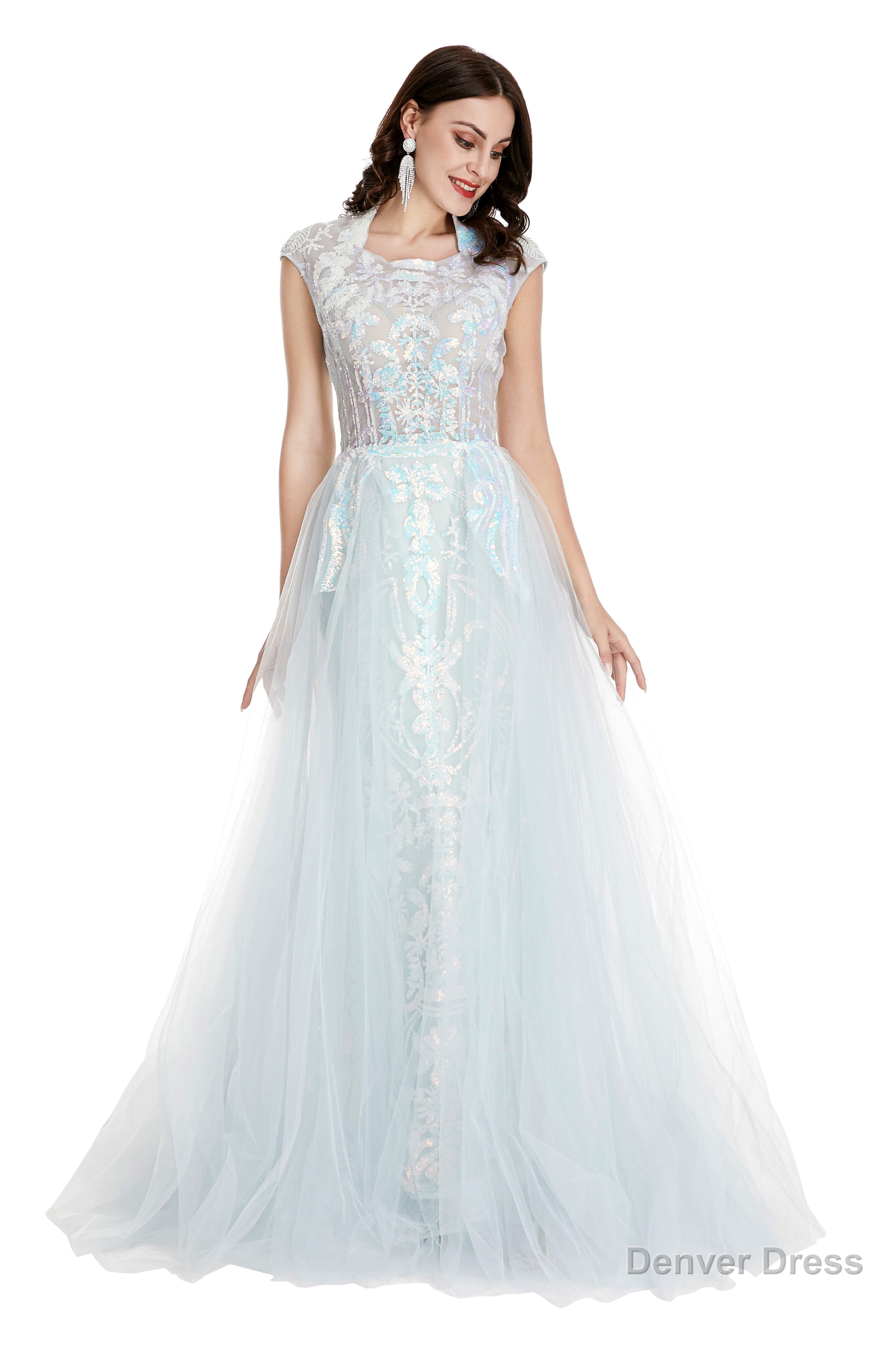 Light Blue Tulle Sequins Appliques Cap Sleeve Prom Dresses