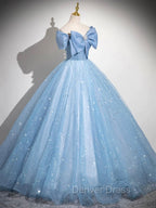 Light Blue Tulle Sequins Long Prom Dresses, A-Line Off Shoulder Evening Dresses