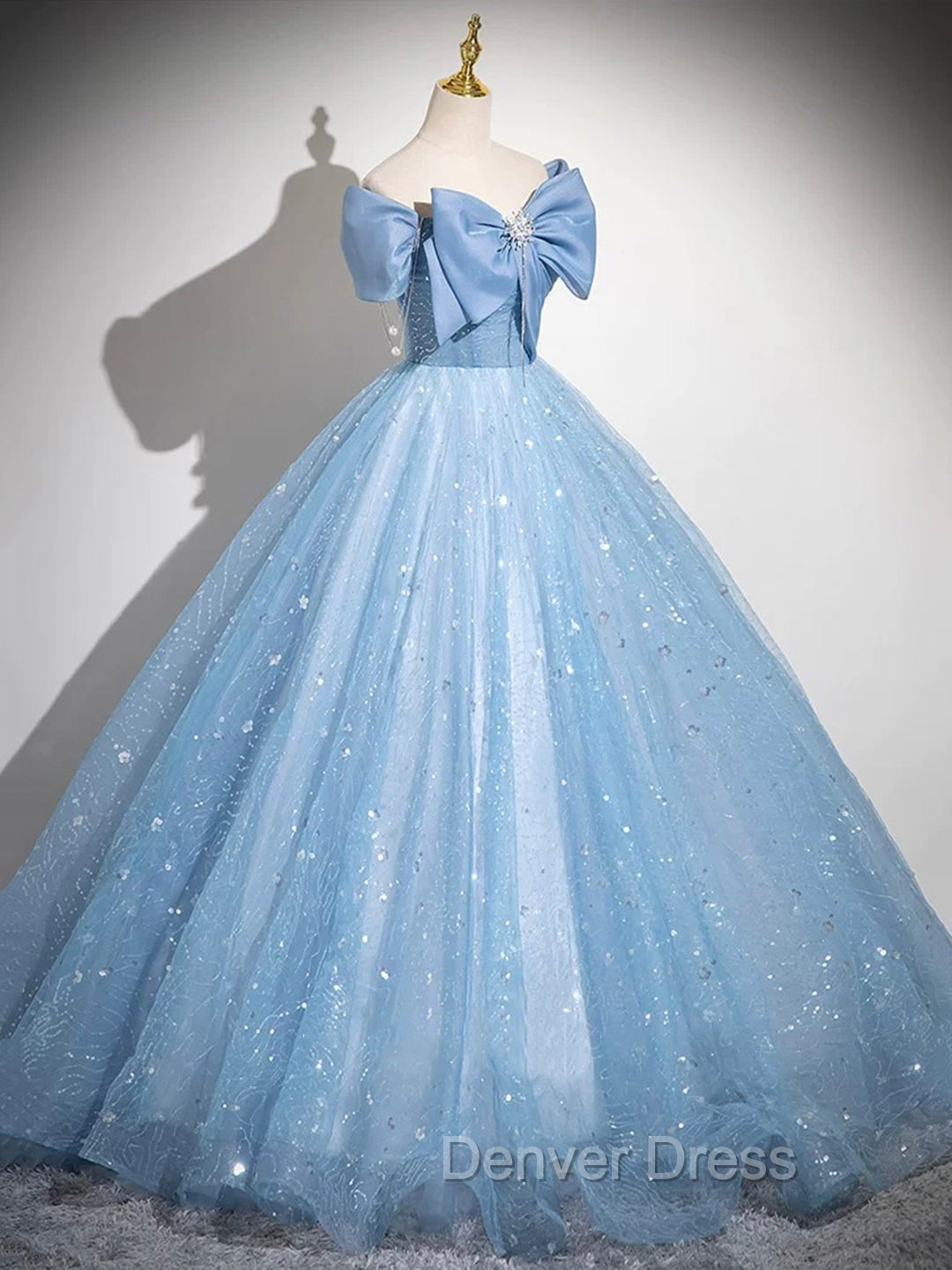 Light Blue Tulle Sequins Long Prom Dresses, A-Line Off Shoulder Evening Dresses