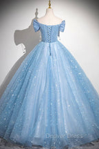 Light Blue Tulle Sequins Long Prom Dresses, A-Line Off Shoulder Evening Dresses