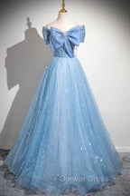 Light Blue Tulle Sequins Long Prom Dresses, A-Line Off Shoulder Evening Dresses