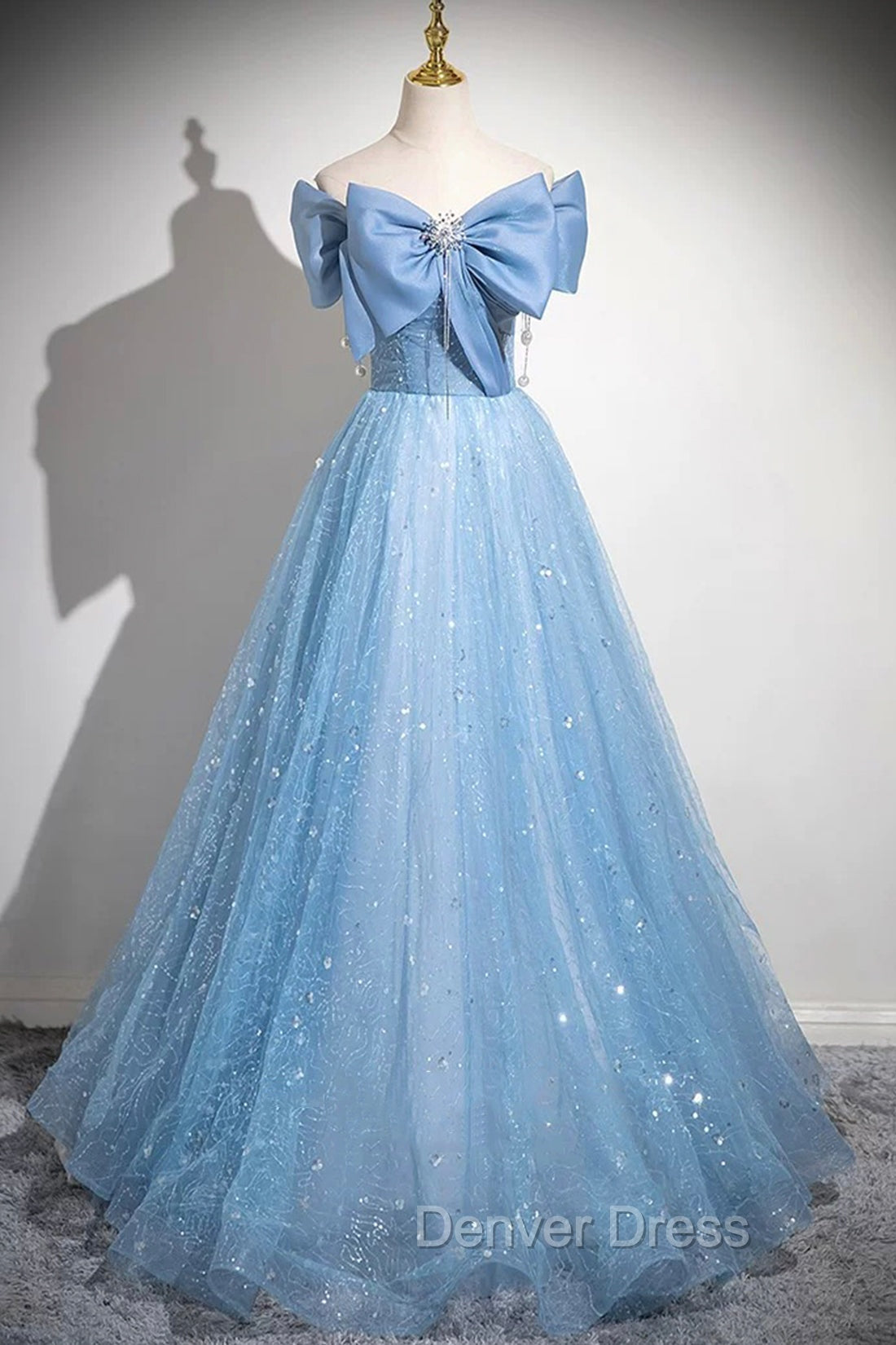 Light Blue Tulle Sequins Long Prom Dresses, A-Line Off Shoulder Evening Dresses