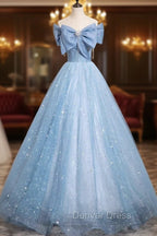 Light Blue Tulle Sequins Long Prom Dresses, A-Line Off Shoulder Evening Dresses