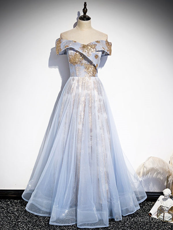 Light Blue Tulle Sequins Off the Shoulder Prom Dress Main image