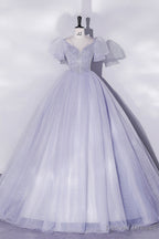 Light Blue Tulle Sequins Prom Dress, Scoop Neck Short Sleeve Puffy Floor Length Prom Dresses