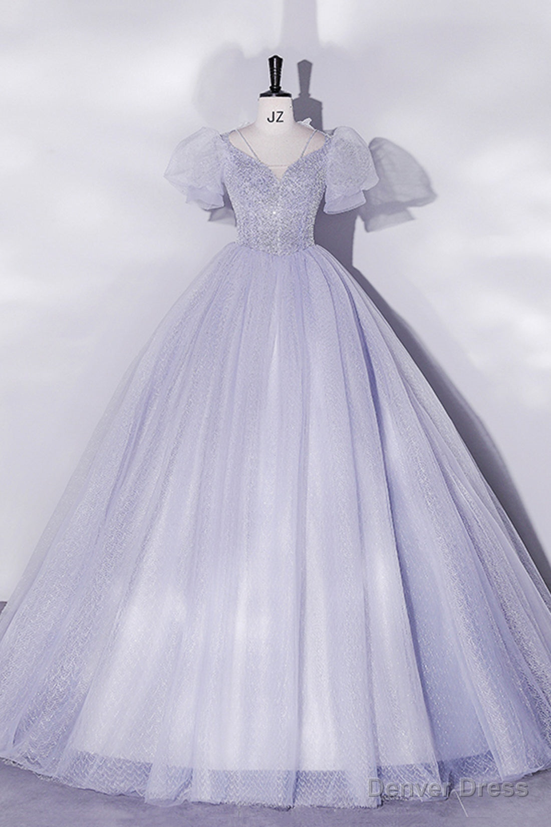 Light Blue Tulle Sequins Prom Dress, Scoop Neck Short Sleeve Puffy Floor Length Prom Dresses