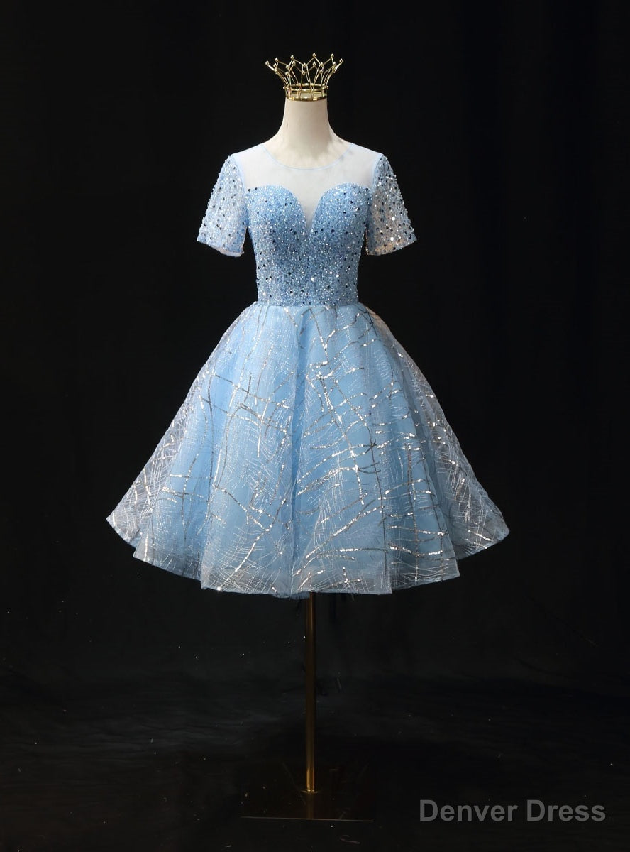 Light Blue Tulle Sequins Short Sleeve Homecoming Dresses Main image