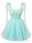 Light Blue Tulle Sequins Straps Homecoming Dresses