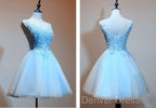 Light Blue Tulle Short Prom Dress With Lace Applique, V Neckline Homecoming Dresses