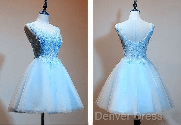 Light Blue Tulle Short Prom Dress With Lace Applique, V Neckline Homecoming Dresses