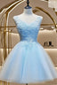 Light Blue Tulle Short Party Dresses With Lace Applique, V-Neckline Homecoming Dresses