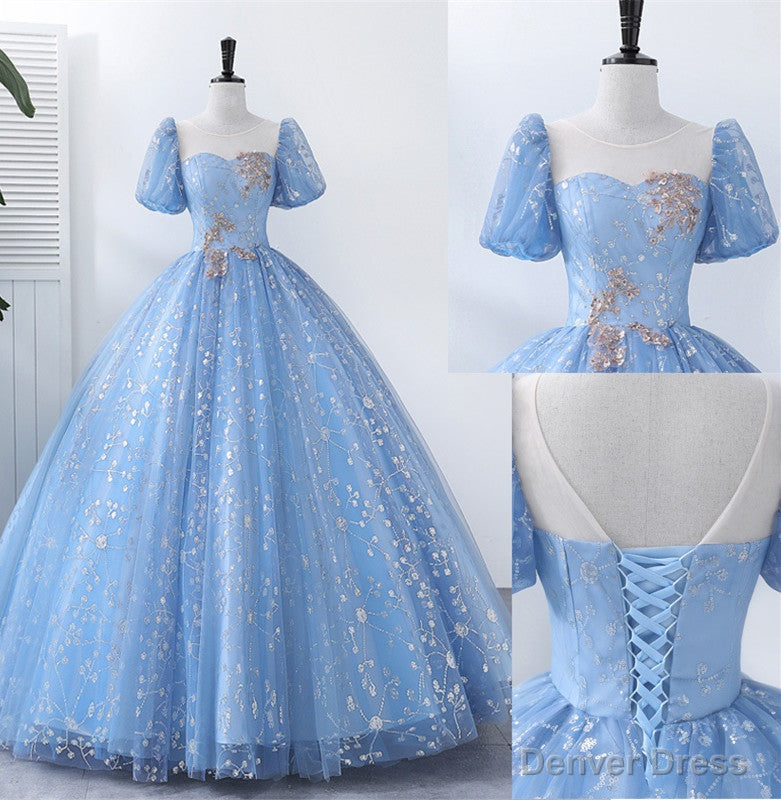 Light Blue Tulle Short Sleeves Long Formal Dress, Blue Sweet 16 Dress Main image