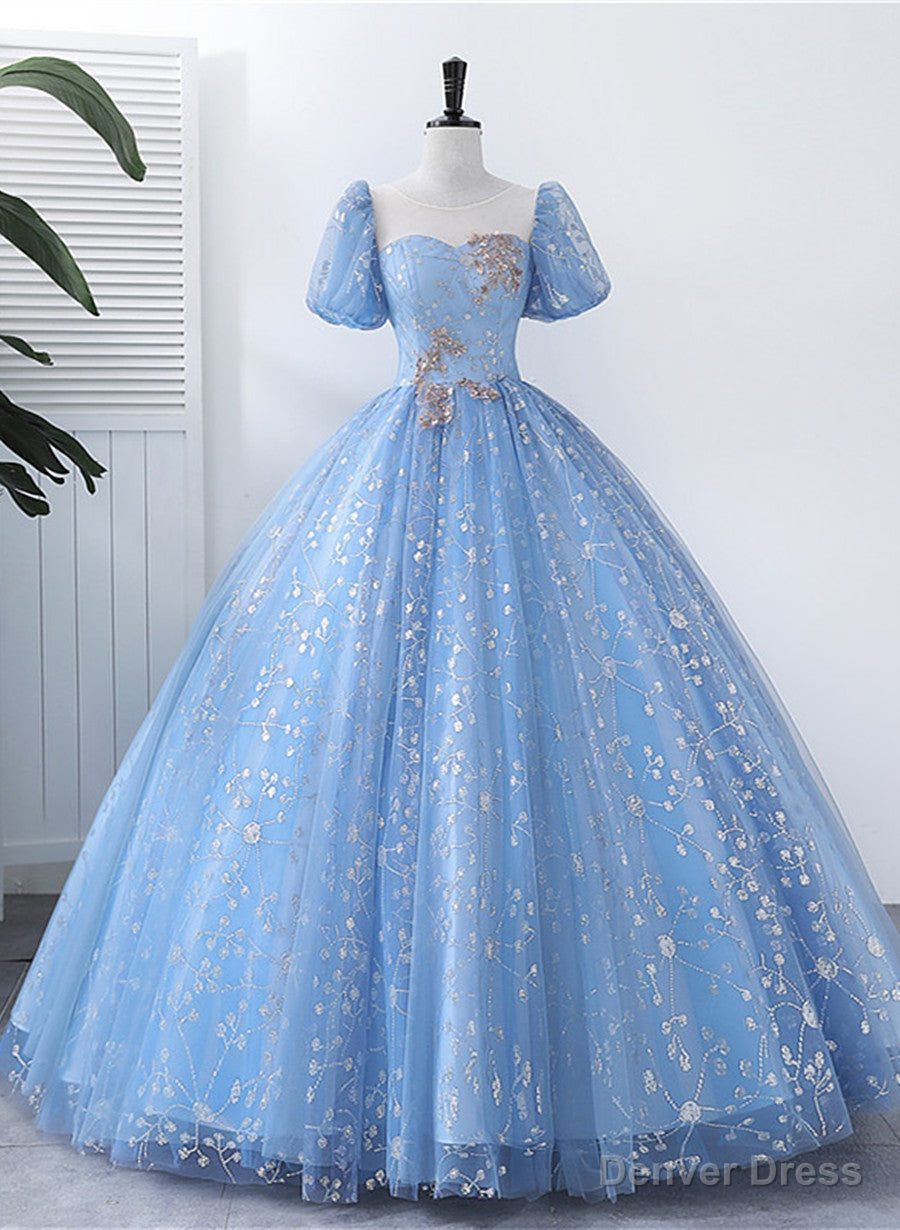Light Blue Tulle Short Sleeves Long Formal Dress, Blue Sweet 16 Dress Secondary image