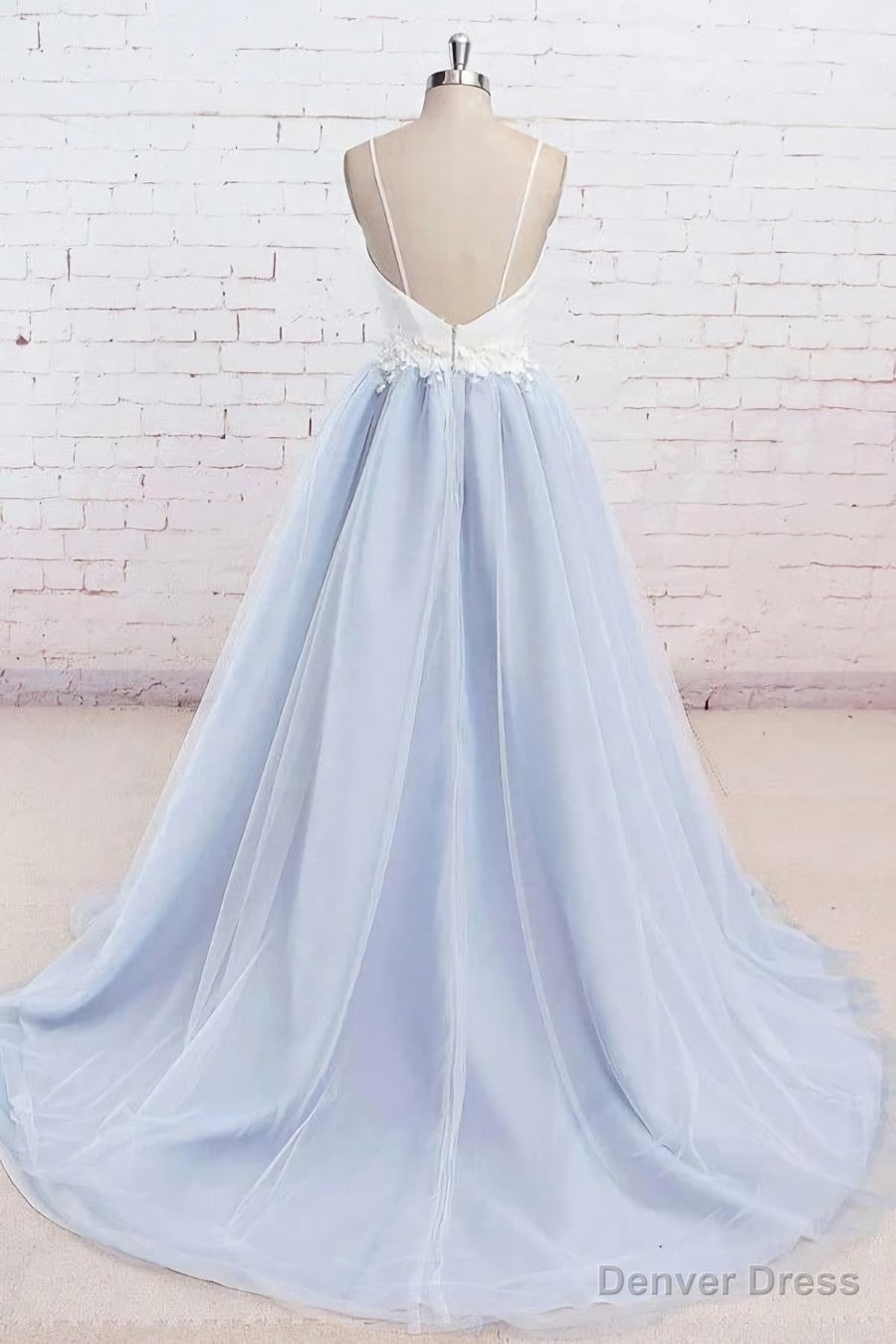 Light Blue Tulle Simple Spaghetti Straps Sweep Train Backless Prom Dresses Secondary image