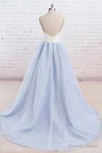 Light Blue Tulle Simple Spaghetti Straps Sweep Train Backless Prom Dresses