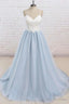 Light Blue Tulle Simple Spaghetti Straps Sweep Train Backless Prom Dresses