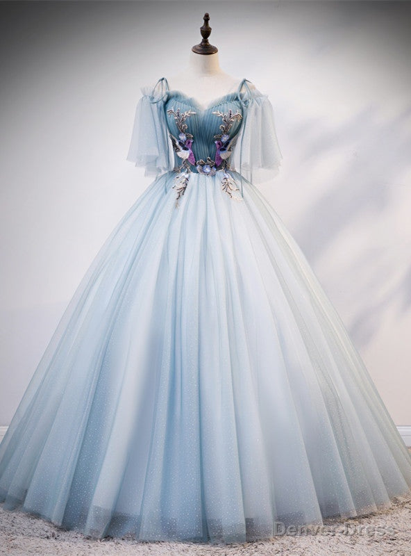 Light Blue Tulle Spagehtti Straps Short Sleeve Quinceanera Dresses Main image