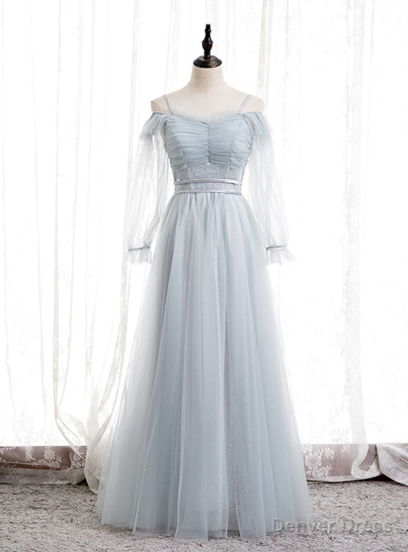 Light Blue Tulle Spaghetti Straps Long Sleeve Pleats Prom Dresses Main image