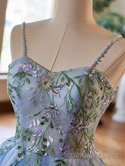 Light Blue Tulle Straps With Lace Applique Prom Dress, Light Blue Party Dress