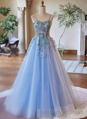 Light Blue Tulle Straps With Lace Applique Prom Dress, Light Blue Party Dress