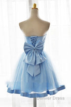 Light Blue Tulle Sweetheart With Bow Cute Prom Dress, Blue Short Homecoming Dresses