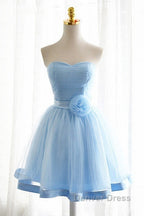 Light Blue Tulle Sweetheart With Bow Cute Party Dresses, Blue Short Homecoming Dresses Prom Dresses