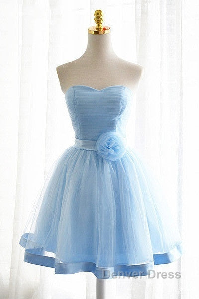 Light Blue Tulle Sweetheart With Bow Cute Party Dresses, Blue Short Homecoming Dresses Prom Dresses
