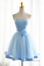 Light Blue Tulle Sweetheart With Bow Cute Prom Dress, Blue Short Homecoming Dress Prom Dresses
