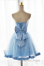 Light Blue Tulle Sweetheart With Bow Cute Party Dresses, Blue Short Homecoming Dresses Prom Dresses