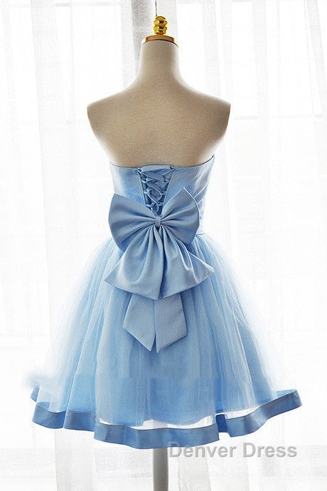 Light Blue Tulle Sweetheart With Bow Cute Party Dresses, Blue Short Homecoming Dresses Prom Dresses