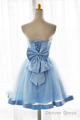 Light Blue Tulle Sweetheart With Bow Cute Party Dress, Blue Short Homecoming Dress Prom Dress