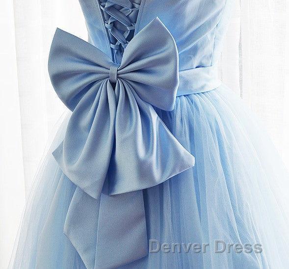 Light Blue Tulle Sweetheart With Bow Cute Party Dresses, Blue Short Homecoming Dresses Prom Dresses