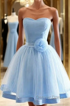 Light Blue Tulle Sweetheart With Bow Cute Party Dresses, Blue Short Homecoming Dresses Prom Dresses